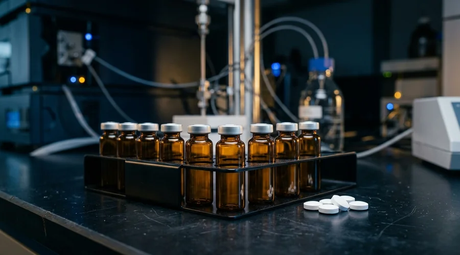 nitrosamine impurities comparison infographic — amber HPLC vials arranged on a dark laboratory bench | Global Formulation