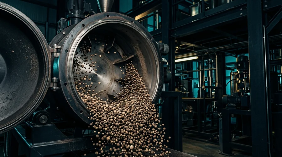 NPK fertilizer formulation process diagram — granulation drum with fertilizer granules tumbling inside | Global Formulation