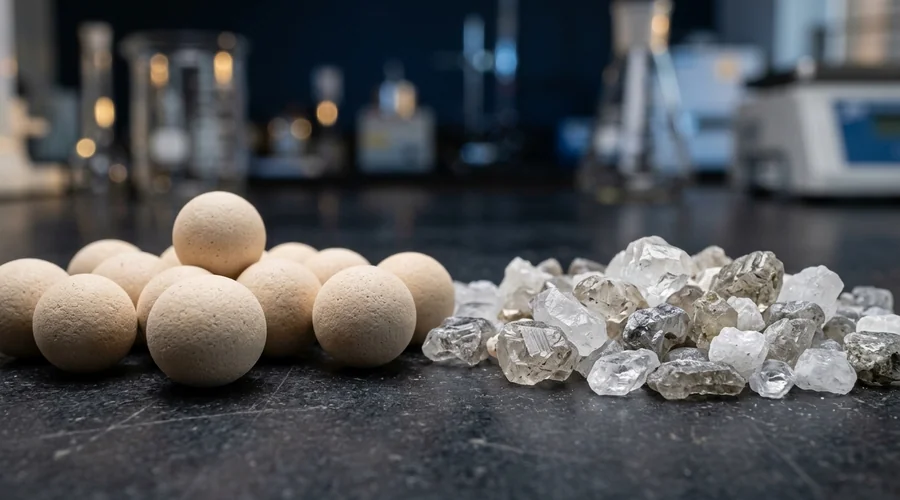 NPK fertilizer formulation comparison infographic — close-up macro of prilled and granular fertilizer particles | Global Formulation