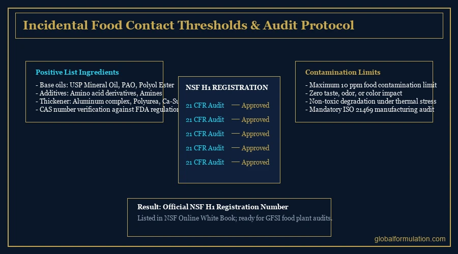 NSF H1 certification regulatory pathway diagram — ingredient submission to formulation approval and listing maintenance | Global Formulation