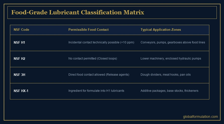 NSF lubricant category infographic — H1 incidental contact, H2 no contact, H3 soluble oil, and 3H release agent classifications | Global Formulation
