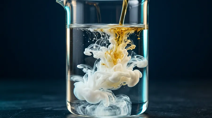 oil dispersion formulation agrochemical process diagram — white emulsion droplets forming as concentrate meets water in a beaker | Global Formulation