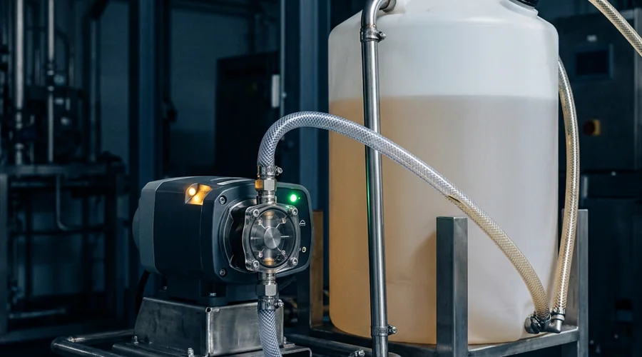 industrial water biocide comparison infographic — biocide dosing pump and day tank on an industrial water skid | Global Formulation