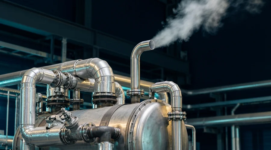 oxygen scavenger boiler feedwater process diagram — deaerator vessel pipework with steam venting in an industrial plant | Global Formulation