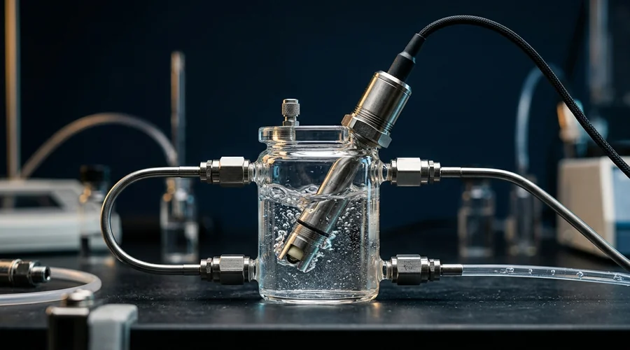 oxygen scavenger boiler feedwater comparison infographic — dissolved oxygen meter probe in a sealed glass flow cell | Global Formulation