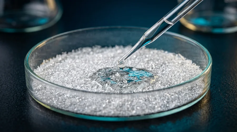 uric acid crystal enzyme breakdown diagram — crystalline residue in a glass petri dish with an enzyme solution droplet on a dark lab bench | Global Formulation
