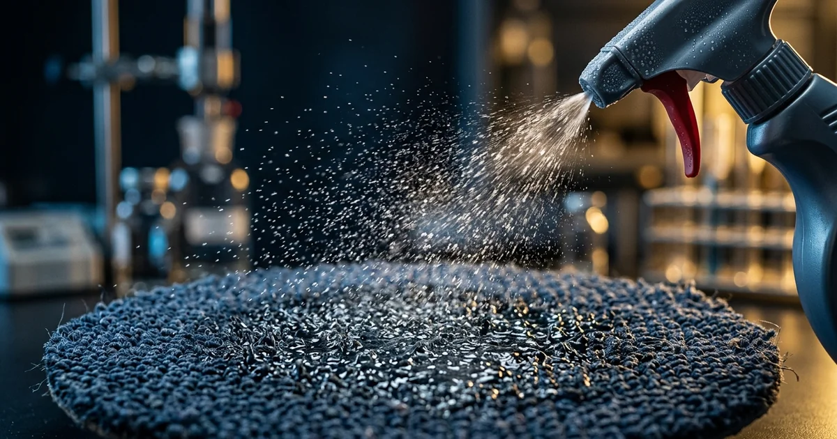 pet odor stain remover formulation — clear enzymatic solution being sprayed onto a carpet stain with visible droplets on a dark background | Global Formulation