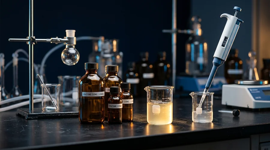 pet odor neutralizer product formulation comparison infographic — amber glass bottles of enzyme concentrate beside beakers and a pipette on a laboratory bench | Global Formulation