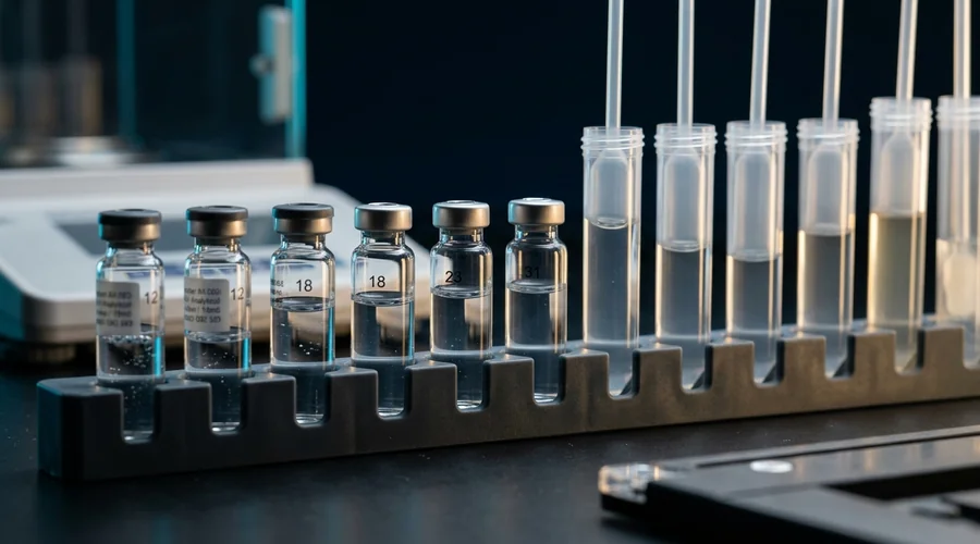 swab sample tubes and analytical vials arranged for HPLC residue testing in a pharmaceutical laboratory | Global Formulation