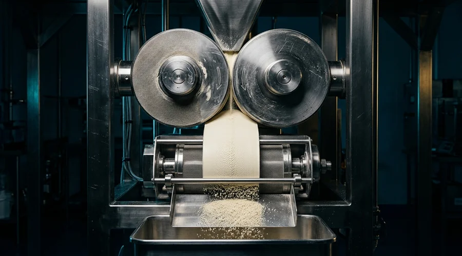 dry granulation roller compaction process diagram — counter-rotating rollers forming a powder ribbon | Global Formulation