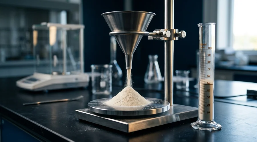 pharmaceutical powder flow testing infographic — angle of repose funnel test and tapped density cylinder | Global Formulation