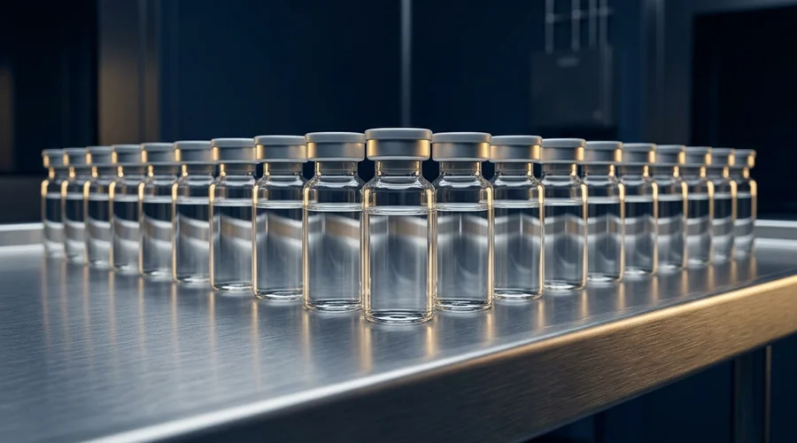 pharmaceutical primary packaging comparison infographic — type I glass vials with stoppers and seals on a steel tray | Global Formulation