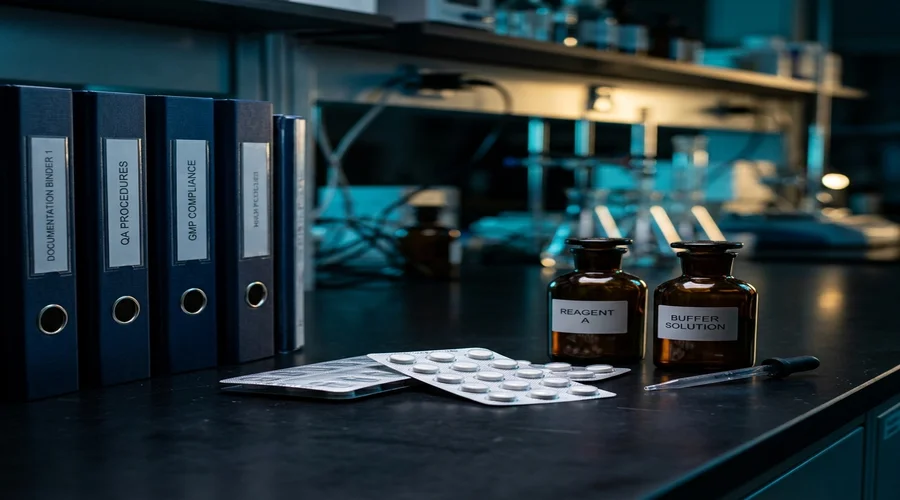 pharmaceutical regulatory pathway FDA process diagram — FDA compliance checklist beside drug product packaging on a laboratory bench | Global Formulation diagram