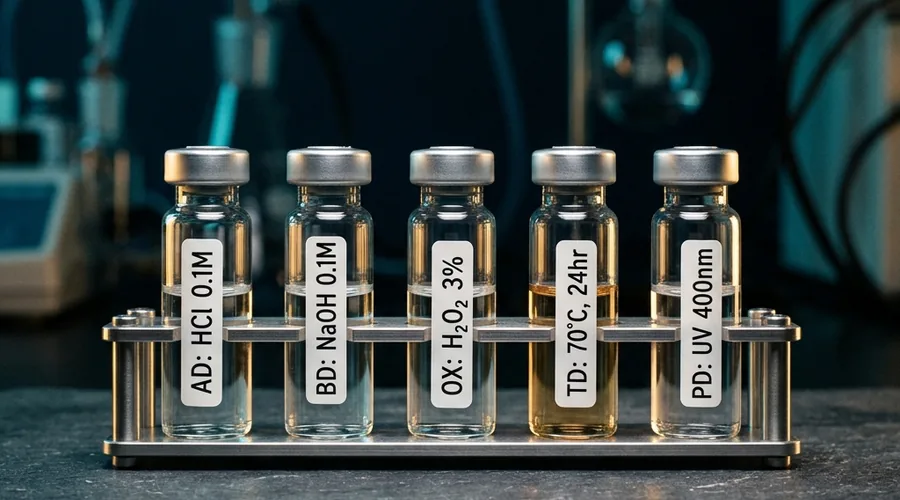 pharmaceutical stability testing process diagram — forced degradation sample vials lined up in laboratory rack | Global Formulation diagram