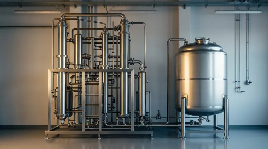 water for injection system comparison infographic — multi-effect still and storage vessel in a pharmaceutical utility room | Global Formulation