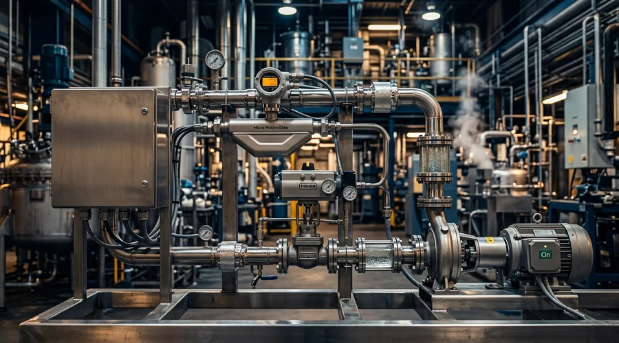PID tuning production scene — instrumented pilot skid with flow meter, control valve and pump | Global Formulation