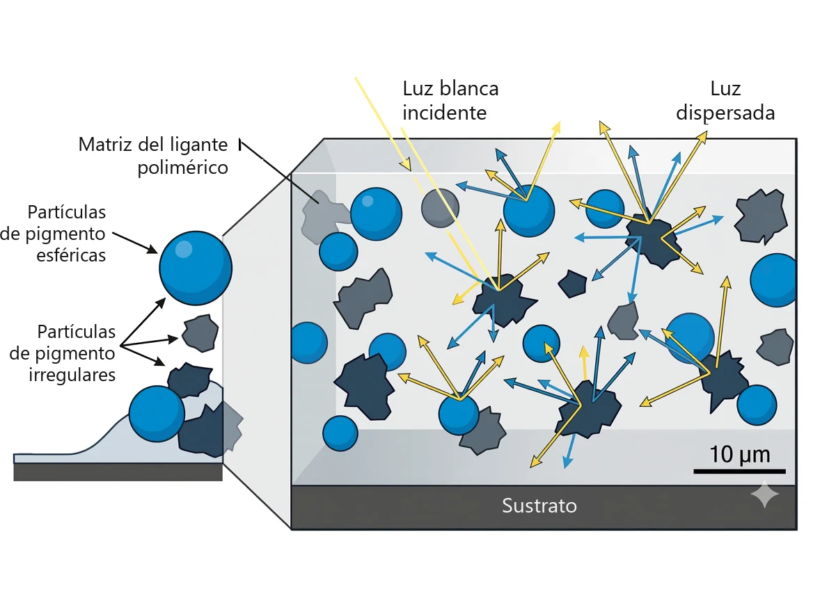 Diagrama de una película pigmentada: la luz blanca incidente se dispersa en partículas de pigmento esféricas e irregulares dentro de la matriz del ligante polimérico aplicada sobre el sustrato | Global Formulation