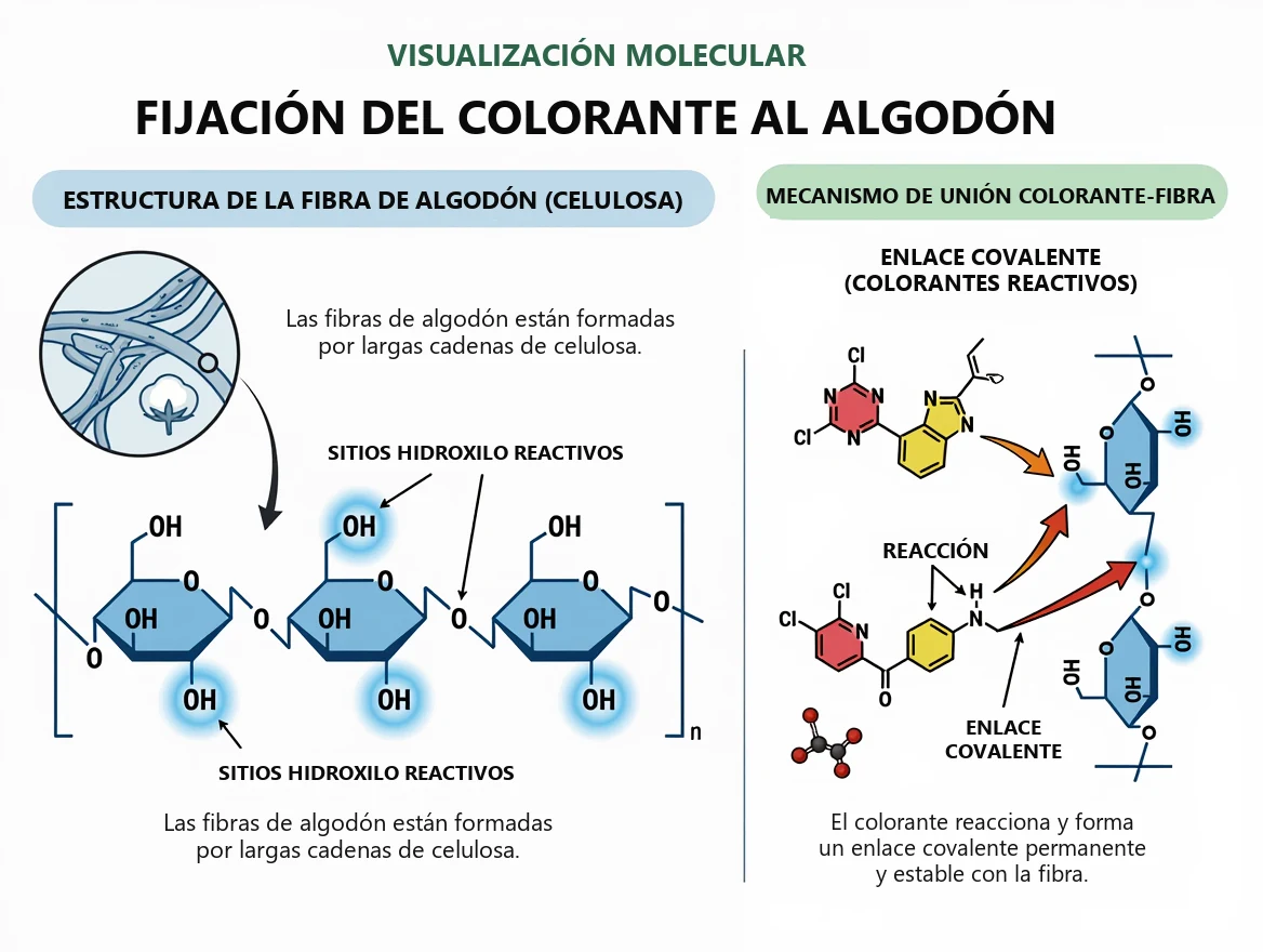 Fijación del colorante a las fibras de algodón: la celulosa con sus sitios hidroxilo reactivos y el enlace covalente permanente que forma un colorante reactivo con la fibra | Global Formulation