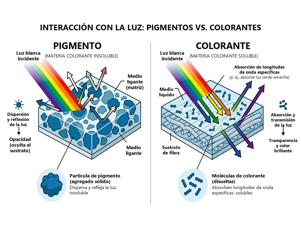 Interacción con la luz: el pigmento insoluble dispersa y refleja la luz y da opacidad, mientras que el colorante disuelto absorbe longitudes de onda específicas y transmite el resto, con transparencia y color brillante | Global Formulation