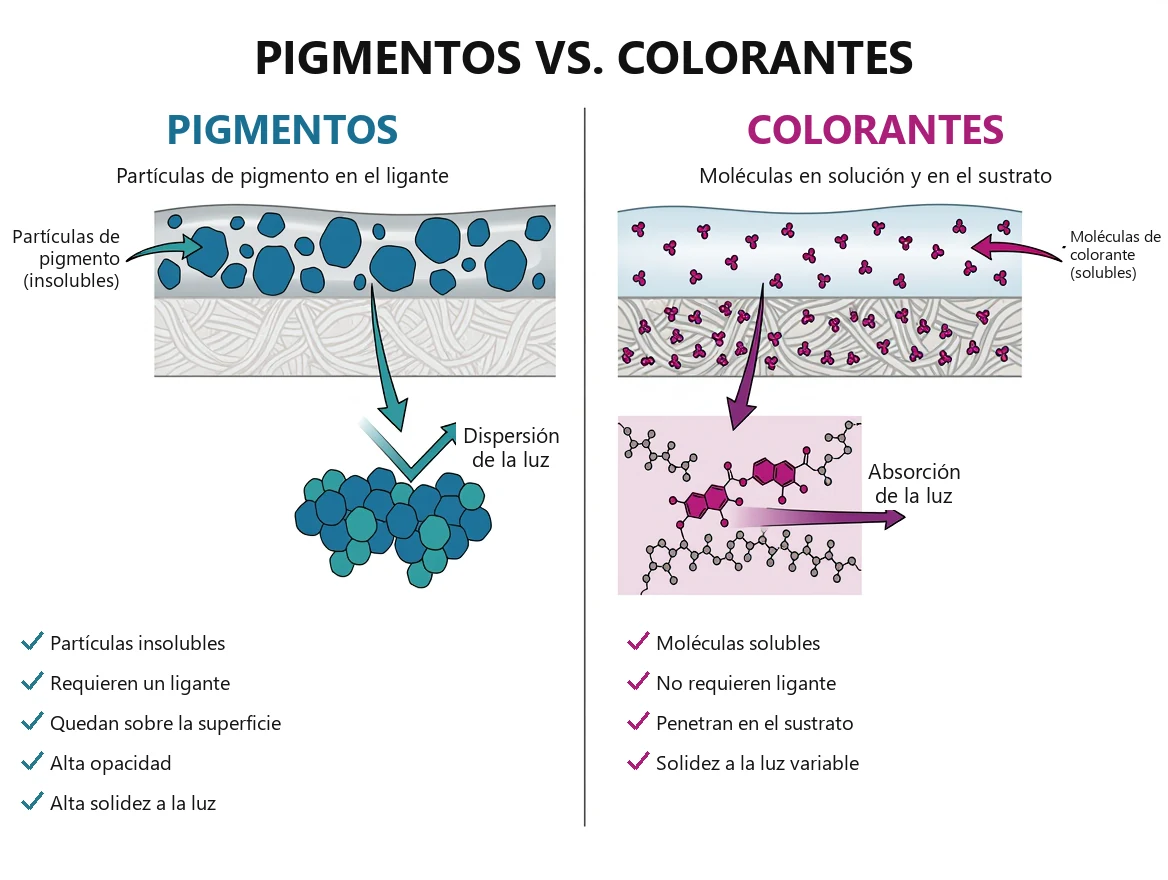 Comparación de pigmentos y colorantes: partículas de pigmento insolubles en un ligante, que dispersan la luz, frente a moléculas de colorante disueltas que absorben la luz y penetran en el sustrato