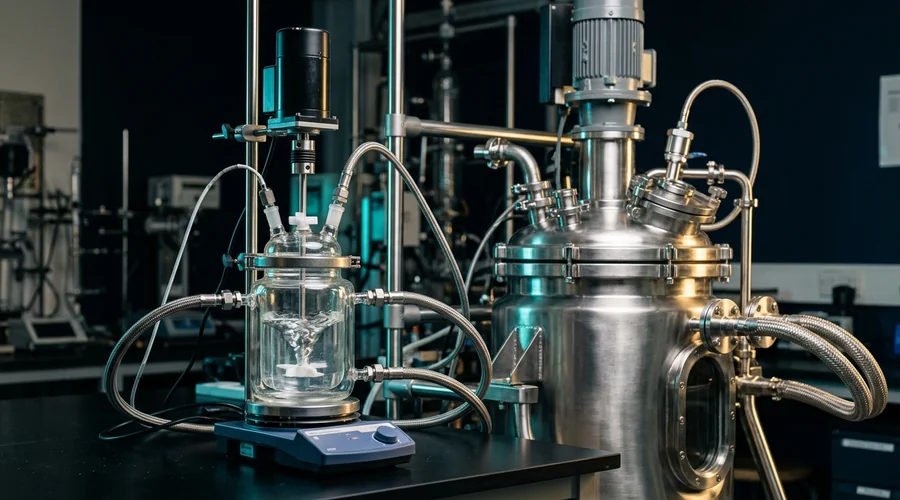 Pilot plant sizing process detail — small glass laboratory reactor beside a larger stainless steel pilot reactor | Global Formulation