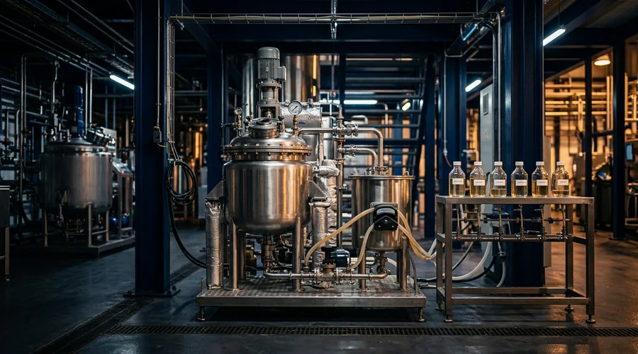 Pilot plant sizing production scene — skid-mounted reactor feeding a receiver beside a rack of sample bottles | Global Formulation