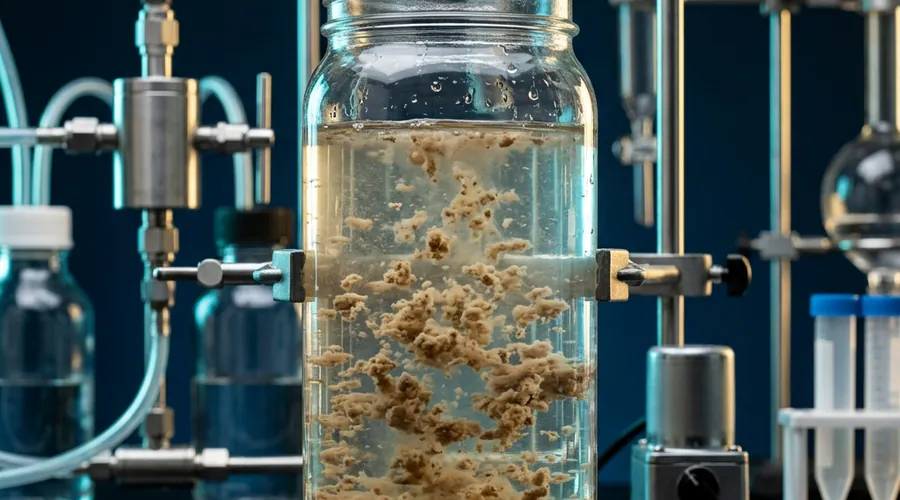 polyaluminium chloride coagulant process diagram — floc particles suspended in a glass jar of turbid water | Global Formulation