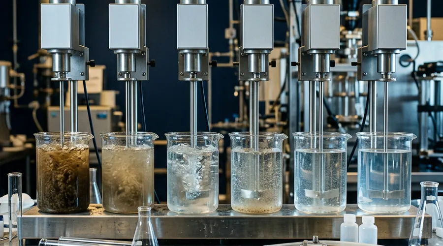 polyaluminium chloride dosing comparison infographic — row of jar-test beakers with paddle stirrers showing progressive water clarity | Global Formulation
