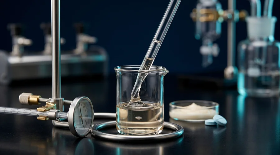 polyelectrolyte flocculant selection process diagram — viscous polymer working solution drawn into a pipette above a beaker | Global Formulation