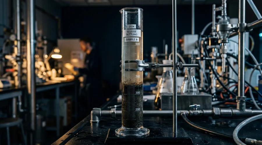 polyelectrolyte flocculant selection comparison infographic — a settled sludge interface in a graduated glass cylinder | Global Formulation