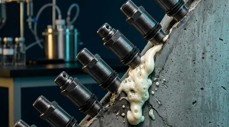polyurethane injection grout process diagram — injection packers installed along a crack in a concrete wall | Global Formulation