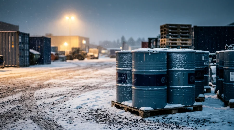 arctic grade lubricant formulation — sealed drums of cold-weather lubricant stored outdoors in a snow-covered industrial yard | Global Formulation