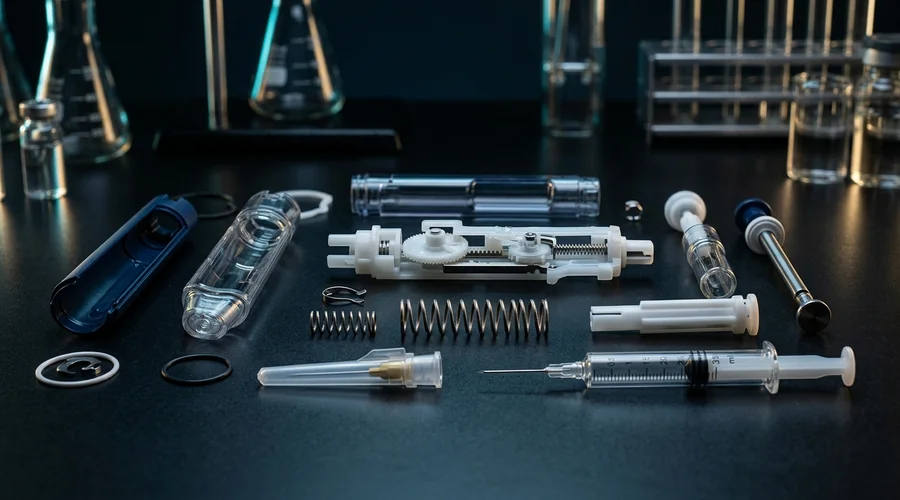prefilled syringe formulation process diagram — autoinjector device components laid out on a dark surface | Global Formulation