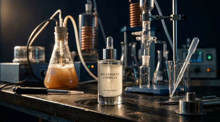 postbiotic serum formulation bottle — translucent skincare serum bottle beside fermentation culture glassware | Global Formulation