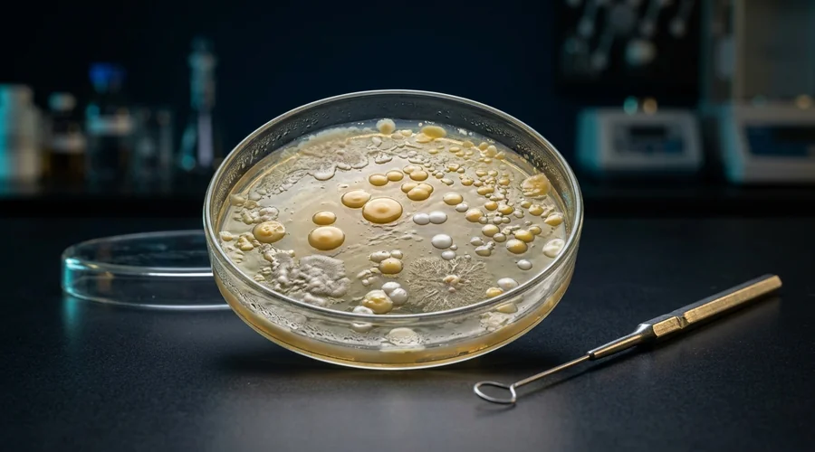 skin microbiome formulation diagram — cultured petri dish sample representing bacterial skin flora on a laboratory bench | Global Formulation diagram