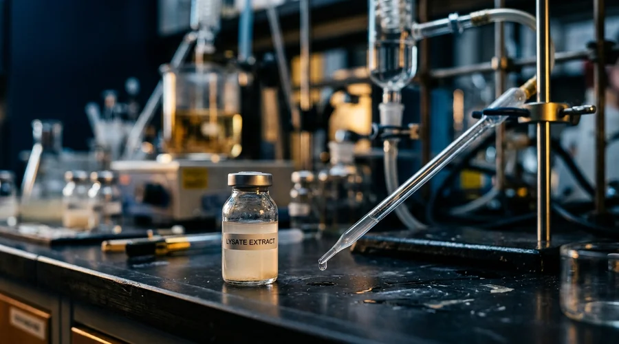 probiotic lysate ingredient infographic — lysate raw material vial on a laboratory bench | Global Formulation infographic
