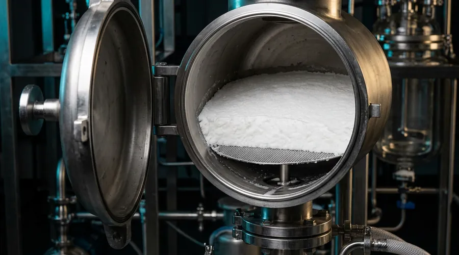 process mass intensity process detail — pilot nutsche filter cake under a raised lid above a filtrate receiver | Global Formulation
