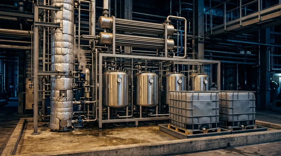 process mass intensity production scene — solvent recovery area with distillation column, condenser and receiver tanks | Global Formulation