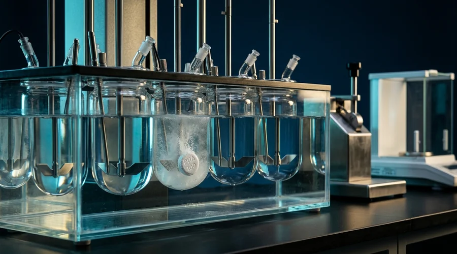 critical quality attributes process diagram — dissolution vessels and a hardness tester in a pharmaceutical laboratory | Global Formulation