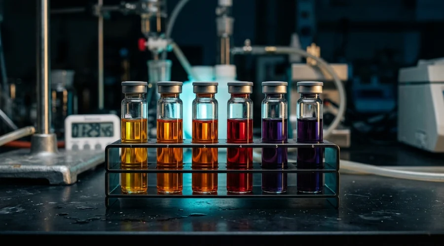 Reaction kinetics process detail — row of quenched reaction samples in clear vials showing progressive colour change | Global Formulation