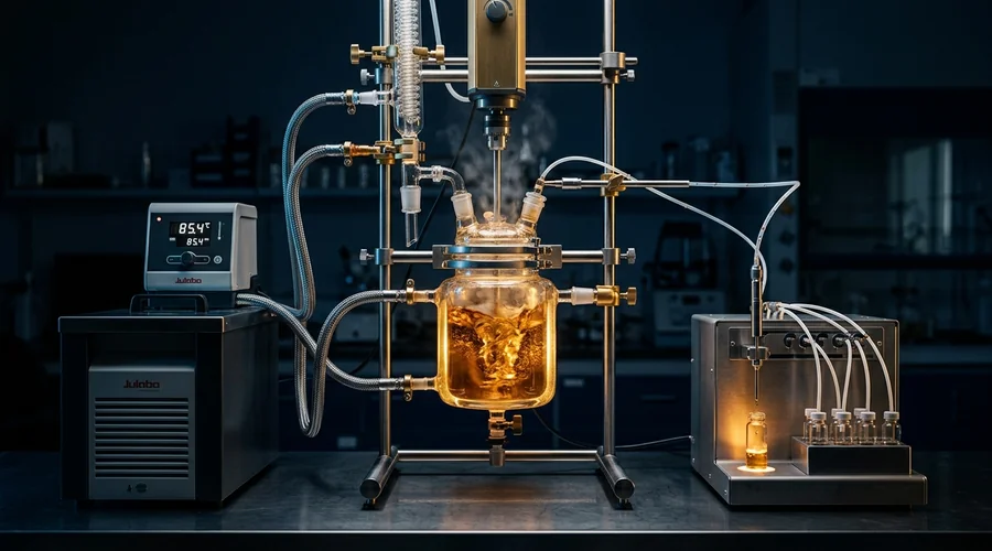 Reaction kinetics production scene — jacketed glass vessel with heating circulator and automated sampling in a kinetics laboratory | Global Formulation