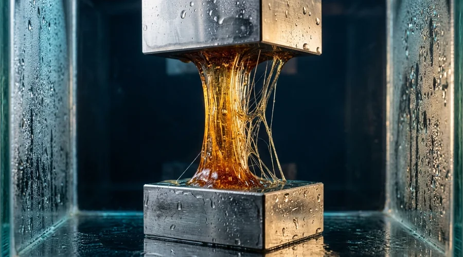 PUR adhesive moisture cure mechanism — a stretched amber strand of polyurethane hot melt between two steel blocks with condensation beading on the surrounding glass | Global Formulation diagram