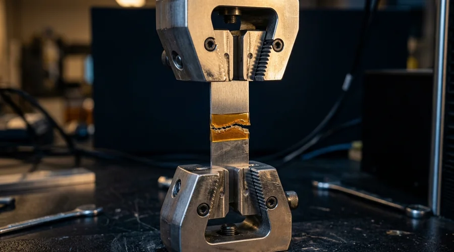 PUR adhesive bond strength test — two bonded metal coupons gripped in the jaws of a benchtop tensile tester with the lap joint beginning to shear | Global Formulation infographic