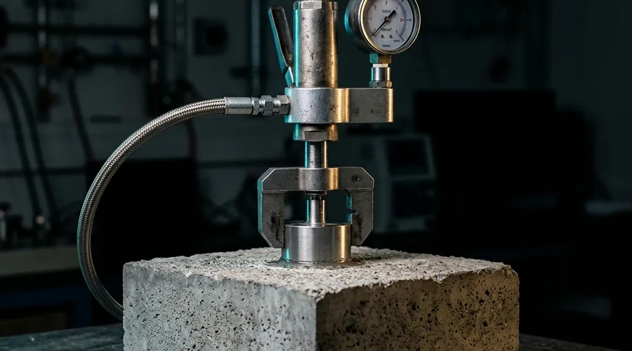concrete repair mortar bond strength testing — pull-off adhesion test apparatus on repair sample | Global Formulation