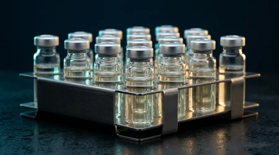 residual solvents ICH Q3C process diagram — sealed headspace vials in a metal sample rack on a dark bench | Global Formulation