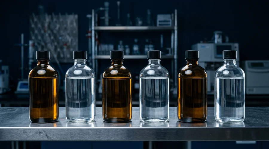 residual solvents ICH Q3C comparison infographic — solvent bottles with blank labels on a laboratory shelf | Global Formulation
