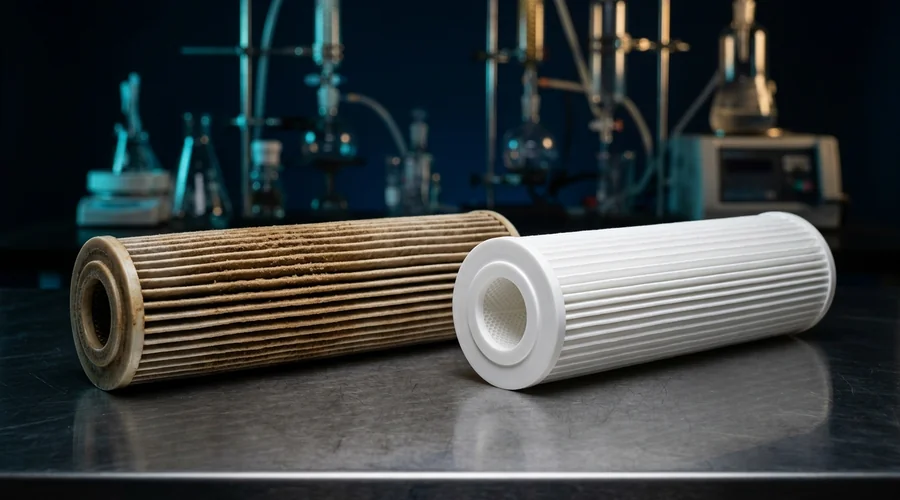 reverse osmosis pretreatment process diagram — used and new pleated cartridge filters side by side showing fouling | Global Formulation