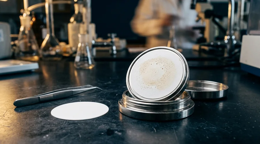 reverse osmosis pretreatment comparison infographic — SDI test membrane disc showing particulate loading on white filter paper | Global Formulation