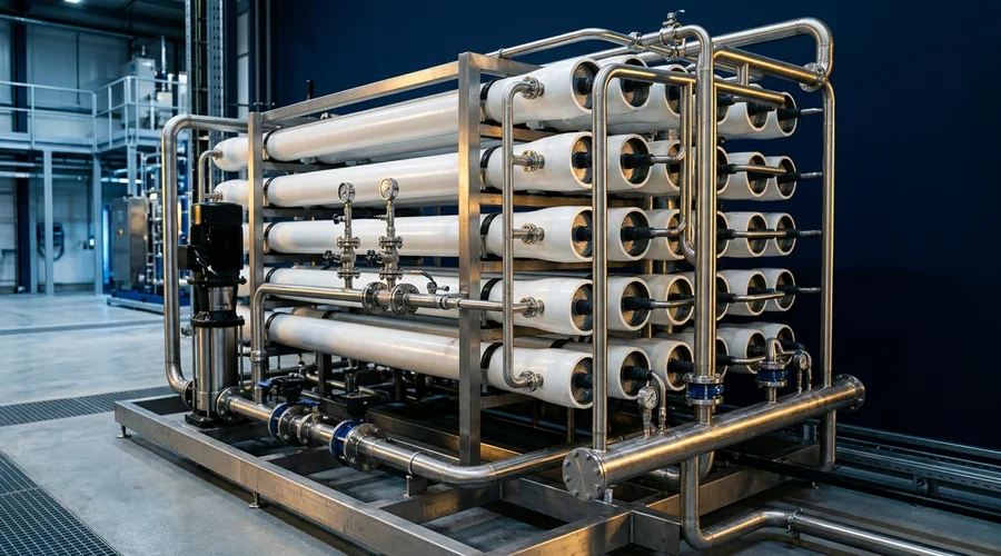RO antiscalant comparison infographic — RO skid pressure vessels and high pressure pump in a treatment plant | Global Formulation
