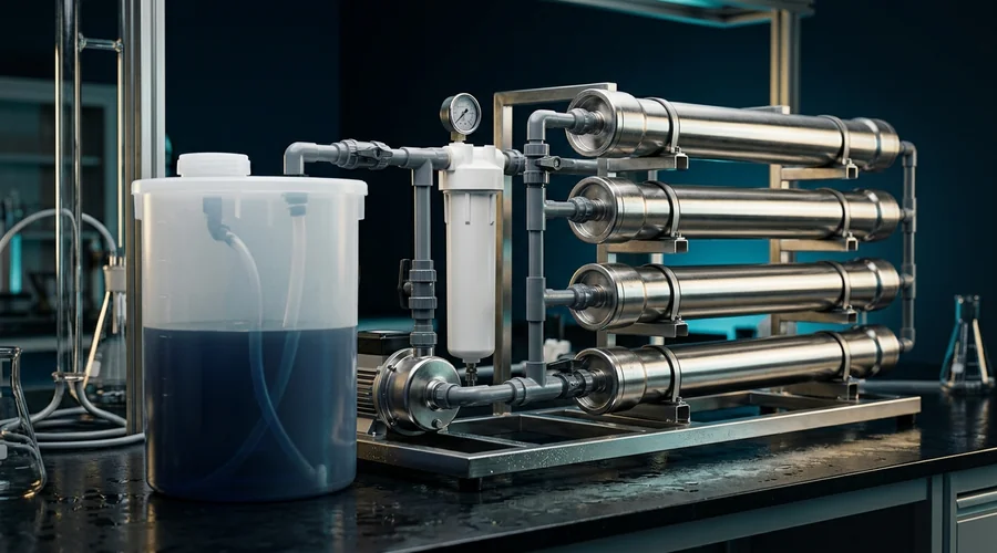 RO membrane cleaning chemicals process diagram — CIP tank and dosing pumps connected to a membrane skid | Global Formulation